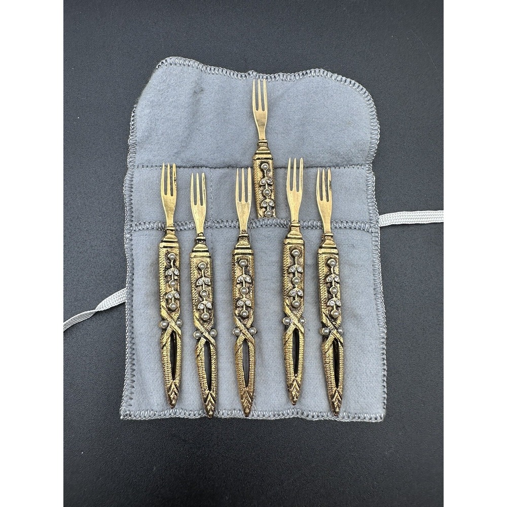 Vintage Gold Tone Cocktail Appetizer Fork Set of 6‎ Faux Pearl Detail with Pouch